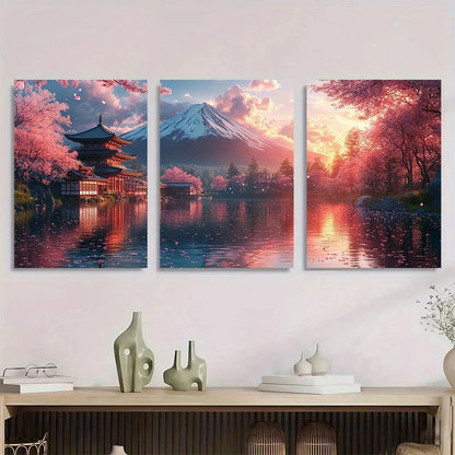 3pcs Cherry Blossoms & Lotus Sunset Sky Metal Print Ready to Hang Art