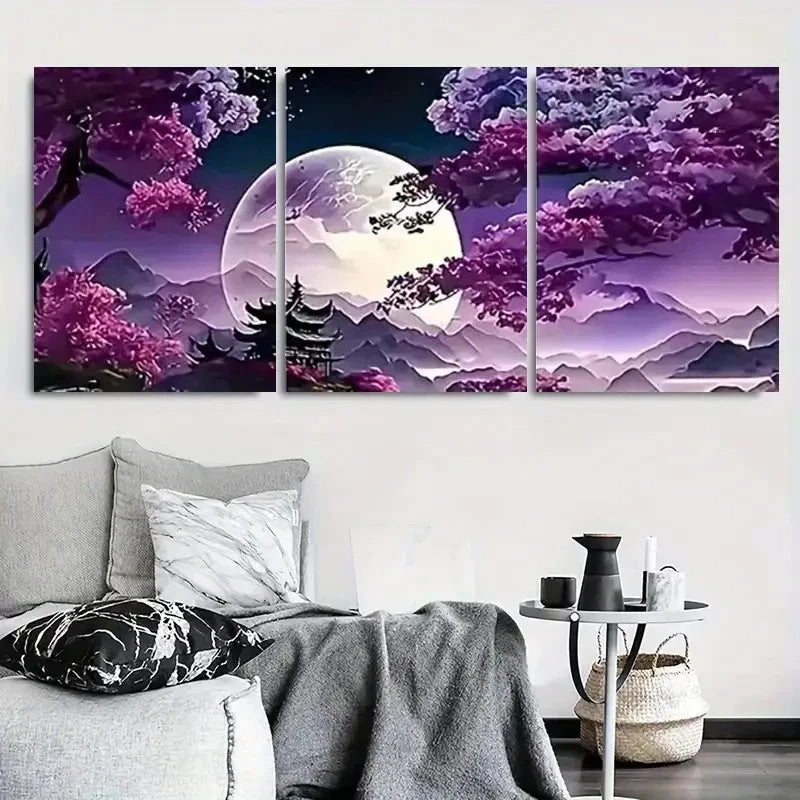 3pcs Purple Cherry Blossom Trees & Mountain Metal Print Ready to Hang Art