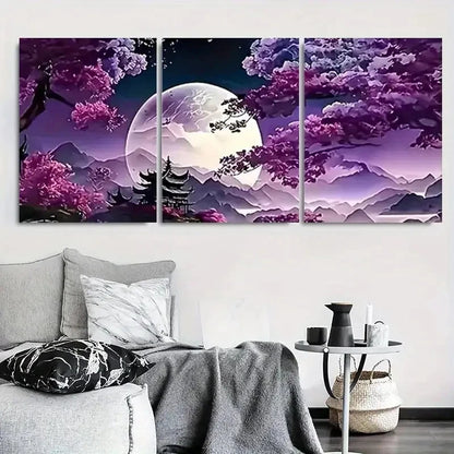 3pcs Purple Cherry Blossom Trees & Mountain Metal Print Ready to Hang Art
