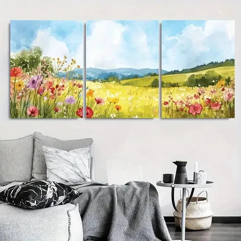 3pcs Colorful Poppy and Daisy Field Painting Wall Art Canvas Unframed - High Quality Print 100% Australian Made Wall Canvas