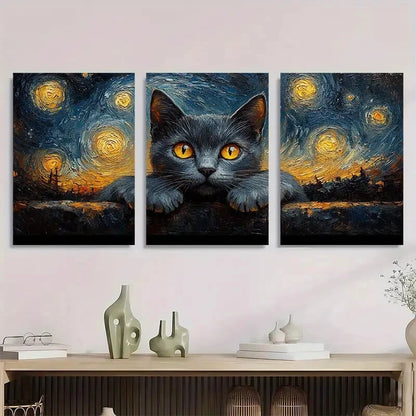 3pcs Stunning Gray Cat Yellow Starry Night Sky Metal Print Ready to Hang Art