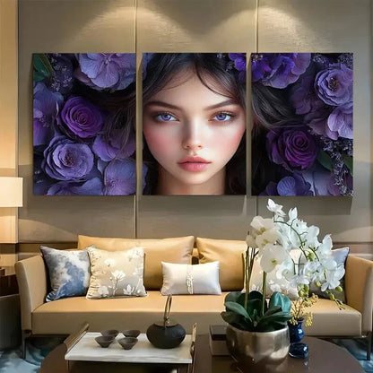 3pcs Dark Fantasy Floral Girl with Purple Rose Metal Print Ready to Hang Art