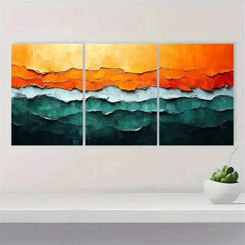 3pcs Orange and Green Abstract Painting Metal Print Ready to Hang Art