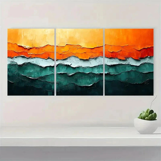 3pcs Orange and Green Abstract Painting Metal Print Ready to Hang Art