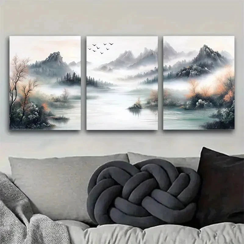 3pcs Chinese Style Landscape with Fog and Birds Metal Print Ready to Hang Art