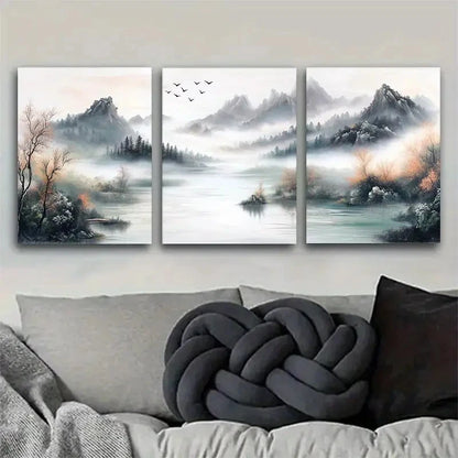 3pcs Chinese Style Landscape with Fog and Birds Metal Print Ready to Hang Art