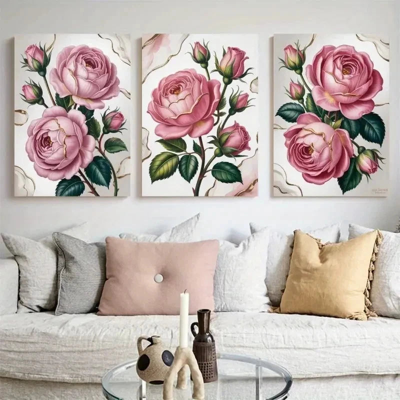 3pcs Pink Rose Floral Painting Metal Print Ready to Hang Art