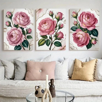 3pcs Pink Rose Floral Painting Metal Print Ready to Hang Art