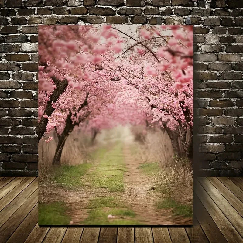 Serene Pathway with Blooming Sakura Trees Painting 40x60cm Metal Print Ready to Hang