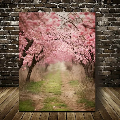 Serene Pathway with Blooming Sakura Trees Painting 40x60cm Metal Print Ready to Hang