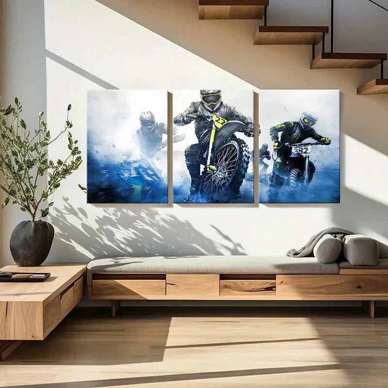 3pcs Action Packed Dirt Bike Racing Wall Art Set Canvas Framed 60x90cm - High Quality Print 100% Australian Made Wall Canvas Ready to Hang