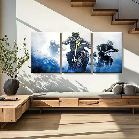 3pcs Action Packed Dirt Bike Racing Wall Art Set Canvas Framed 60x90cm - High Quality Print 100% Australian Made Wall Canvas Ready to Hang