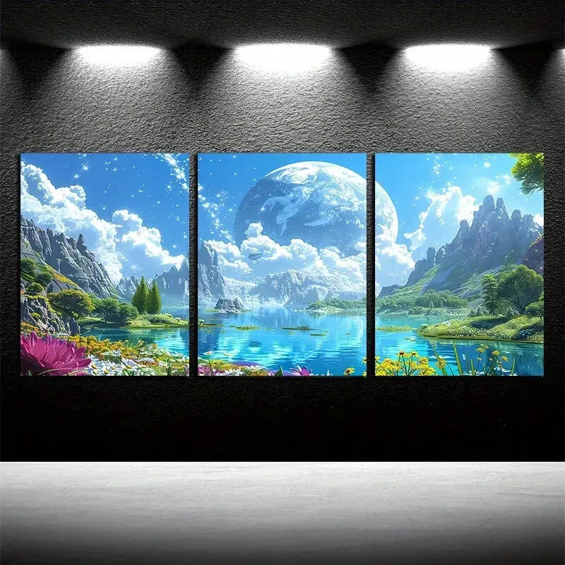3pcs Vivid Planetary and Floral Fantasy Design Metal Print Ready to Hang Art