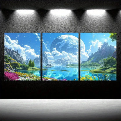 3pcs Vivid Planetary and Floral Fantasy Design Metal Print Ready to Hang Art