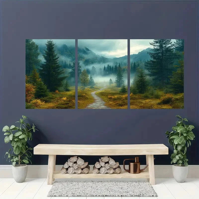 3pcs Mystical Woodland Foggy Trees Landscape Metal Print Ready to Hang Art