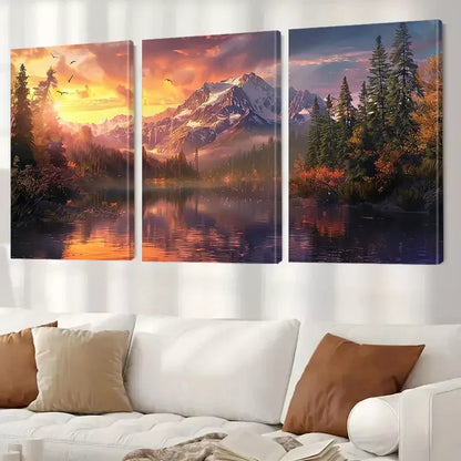 3pcs Sunset Forest Lakes Snowy Mountains Wall Art Set Canvas Framed 50x70cm - High Quality Print 100% Australian Made Wall Canvas Ready to Hang - Bella Home Decor
