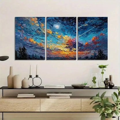 3pcs Night Sky with Shooting Stars Oil Painting Metal Print Ready to Hang Art