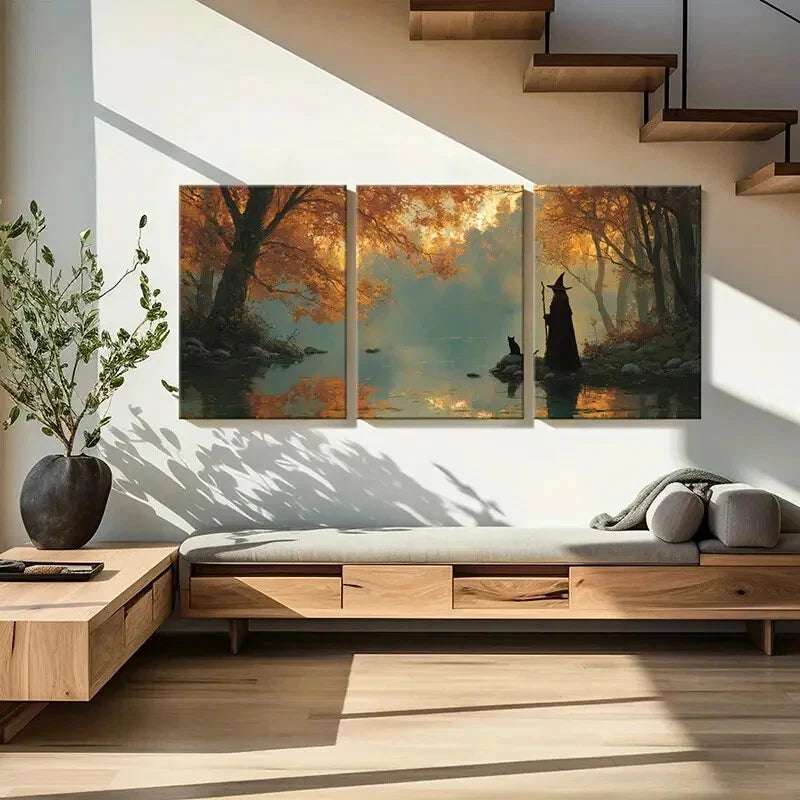 3pcs Autumn Witch Cat Magic River Landscape Metal Print Ready to Hang Art