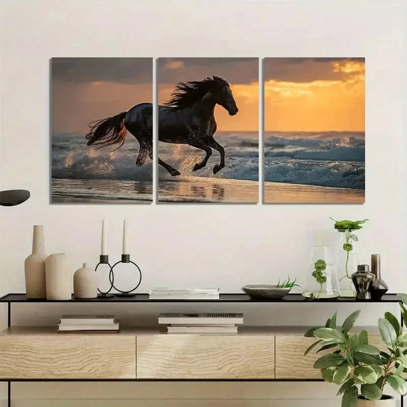 3pcs Black Horse Galloping on the Beach Metal Print Ready to Hang Art