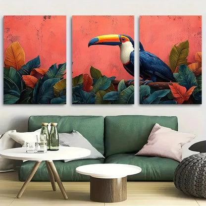 3pcs Vibrant Bird with Tropical Leaves Metal Print Ready to Hang Art