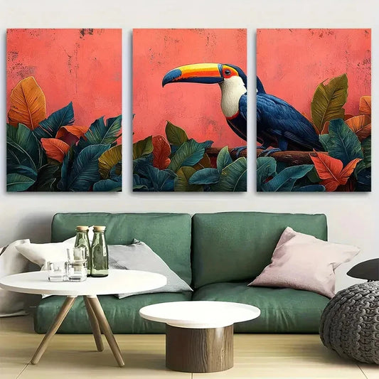 3pcs Vibrant Bird with Tropical Leaves Metal Print Ready to Hang Art
