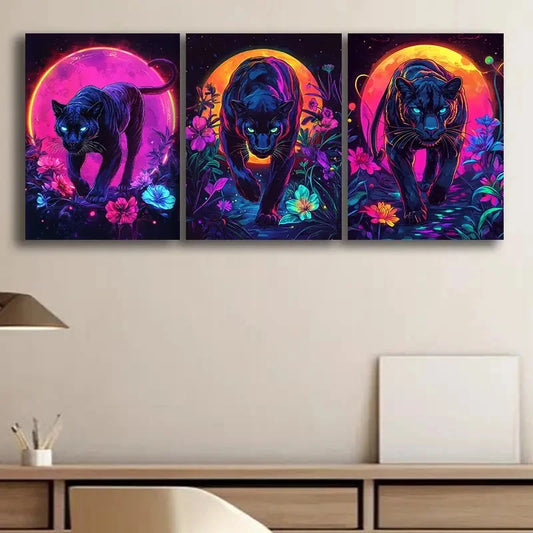3pcs Leopards in the Night Painting Metal Print Ready to Hang Art