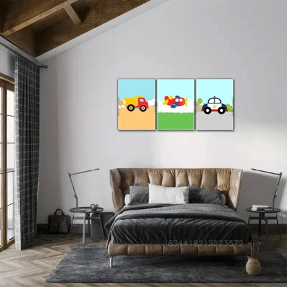 3pcs Transportation Airplane Police Car Dump Truck Metal Print Ready to Hang Art