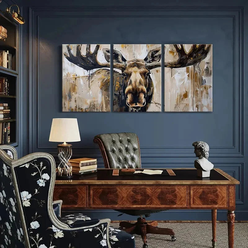 3pcs Abstract Moose Art Wildlife Painting Metal Print Ready to Hang Art