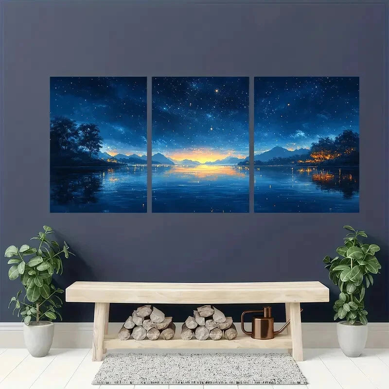 3pcs Dreamy Firefly Lit Lake Night Sky Scene Metal Print Ready to Hang Art