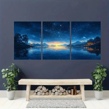 3pcs Dreamy Firefly Lit Lake Night Sky Scene Metal Print Ready to Hang Art