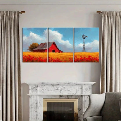 3pcs Windmill Golden Field Poppy Flowers Metal Print Ready to Hang Art