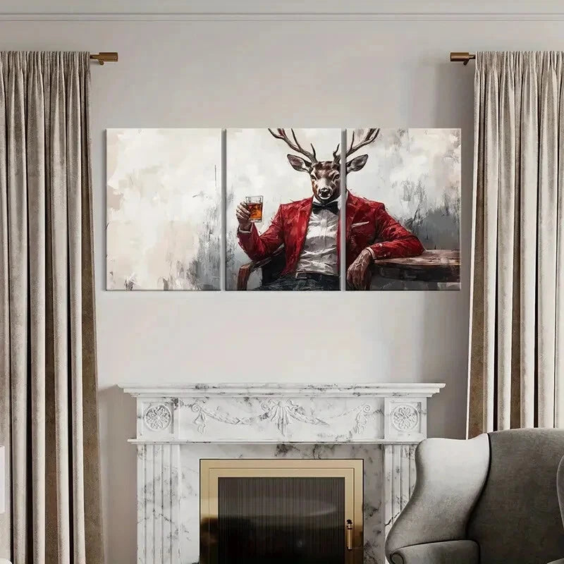 3pcs Elegant Deer in Red Suit Fantasy Animal Metal Print Ready to Hang Art