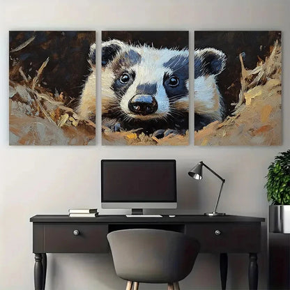 3pcs Badger Animal Portrait Illustration Wall Art Set Canvas Framed 40x60cm - High Quality Print 100% Australian Made Wall Canvas Ready to Hang