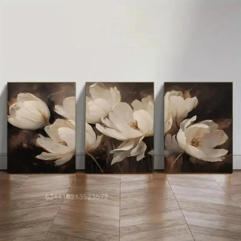 3pcs White Tulips on Dark Background Metal Print Ready to Hang Art