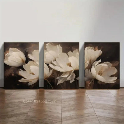 3pcs White Tulips on Dark Background Metal Print Ready to Hang Art