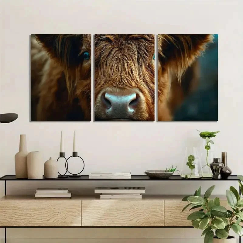3pcs Brown Highland Cow with Long Hair Metal Print Ready to Hang Art