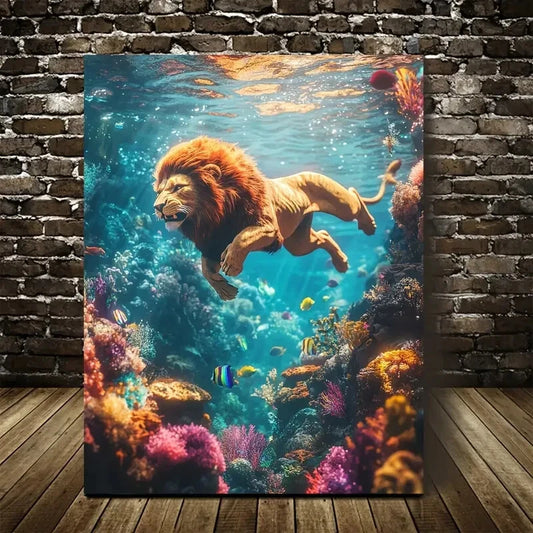 Cyberpunk Theme Scene of Lion Jumping Painting 40x60cm Metal Print Ready to Hang