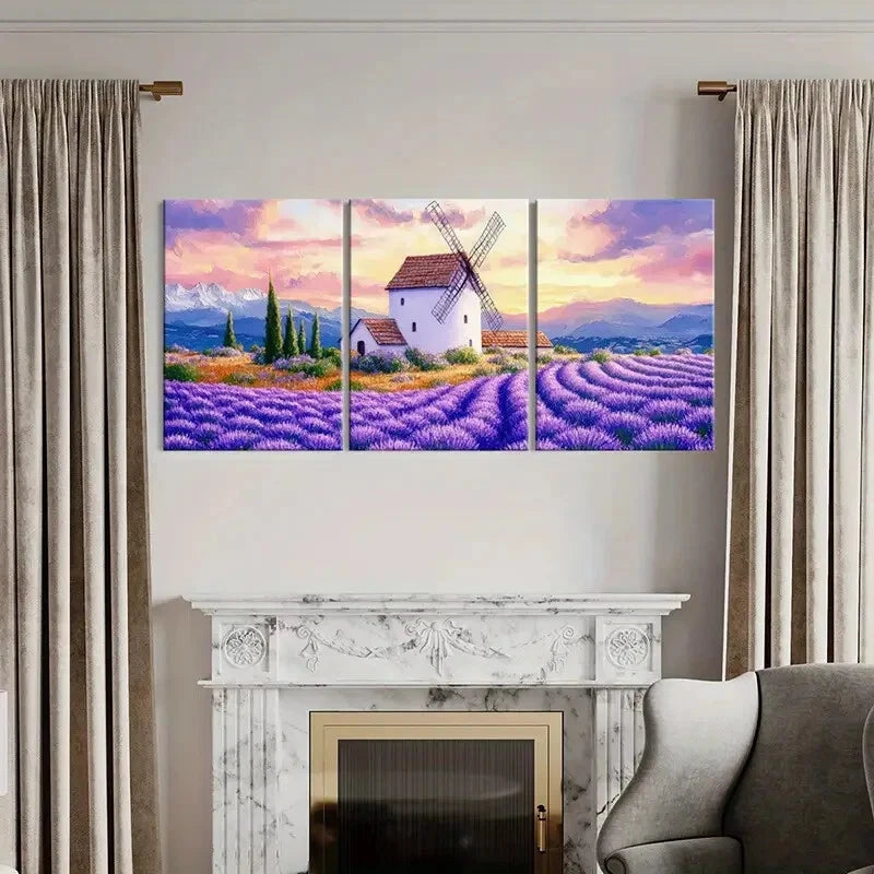 3pcs Lavender Field Windmill Landscape Metal Print Ready to Hang Art