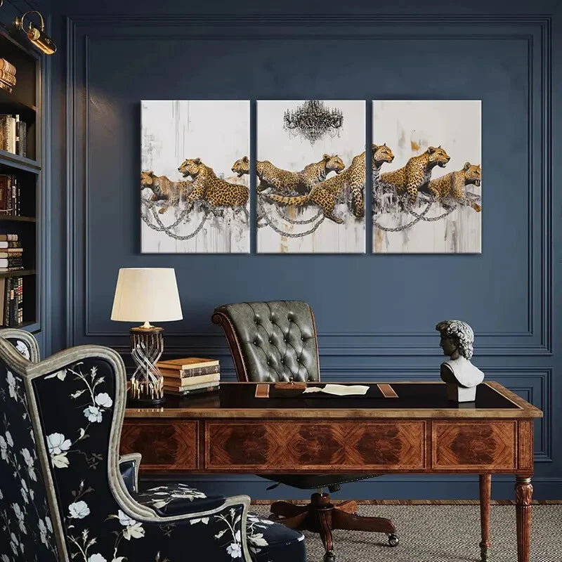 3pcs Leopard Chains Abstract Art Modern Design Metal Print Ready to Hang Art