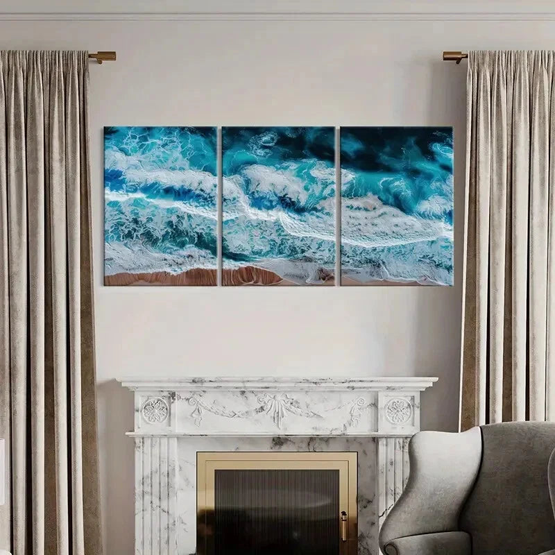 3pcs Turquoise Blue White Foam Abstract DesignMetal Print Ready to Hang Art