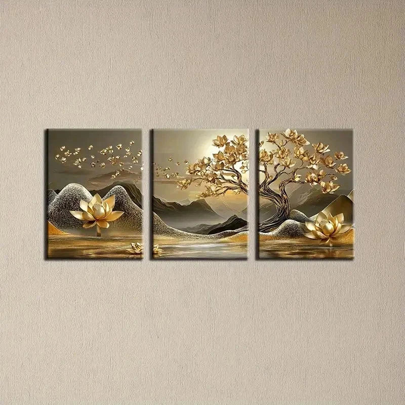 3pcs Golden For Lotus Tree Of Life Perfect Wall Art Set Canvas Framed 40x60cm - High Quality Print 100% Australian Made Wall Canvas Ready to Hang