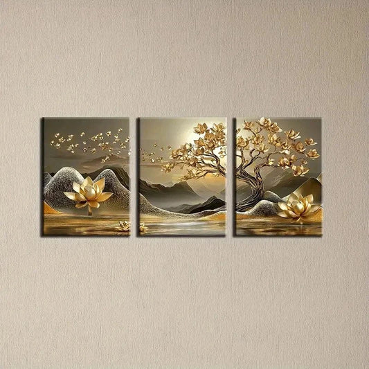 3pcs Golden For Lotus Tree Of Life Perfect Wall Art Set Canvas Framed 40x60cm - High Quality Print 100% Australian Made Wall Canvas Ready to Hang