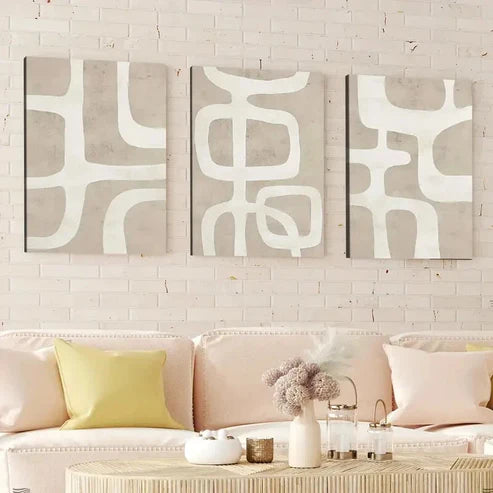 3pcs Abstract Geometric Beige Brown White Line Wall Art Canvas Unframed - High Quality Print 100% Australian Made Wall Canvas