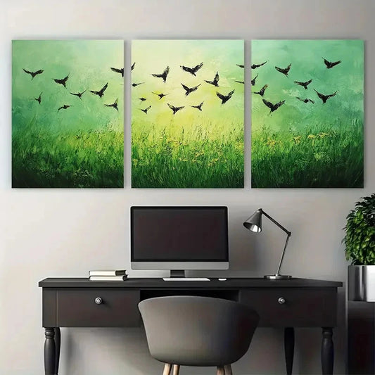 3pcs Green Landscape Birds ature Meadow Metal Print Ready to Hang Art