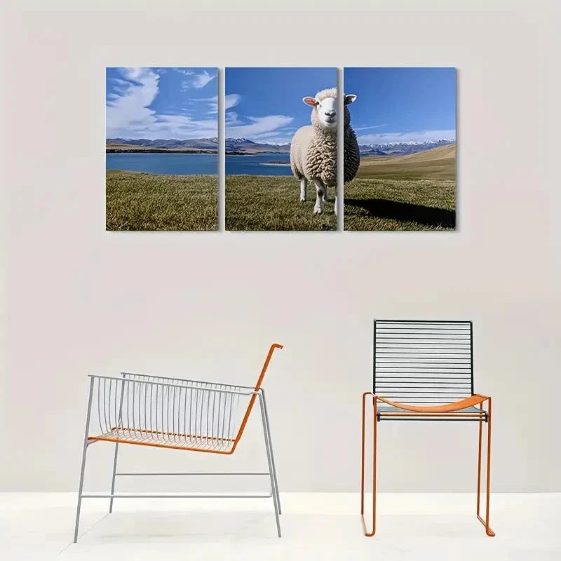 3pcs Scene with Lake and Mountains Sheep Metal Print Ready to Hang Art