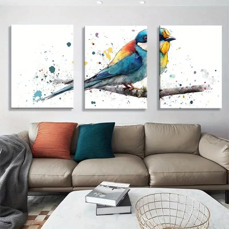 3pcs Vibrant Bird Watercolor Splatter Modern NatureMetal Print Ready to Hang Art