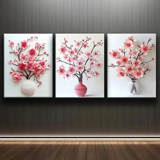 3pcs Cherry Blossom In Vase Painting Wall Art Set Canvas Framed 50x70cm - High Quality Print 100% Australian Made Wall Canvas Ready to Hang