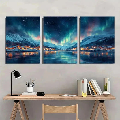 3pcs Tromsø Northern Lights Arctic Coastal Wall Art Set Canvas Framed 40x60cm - High Quality Print 100% Australian Made Wall Canvas Ready to Hang