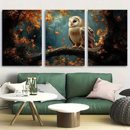 3pcs Majestic Barn Owl Forest Wildlife Scene Metal Print Ready to Hang Art
