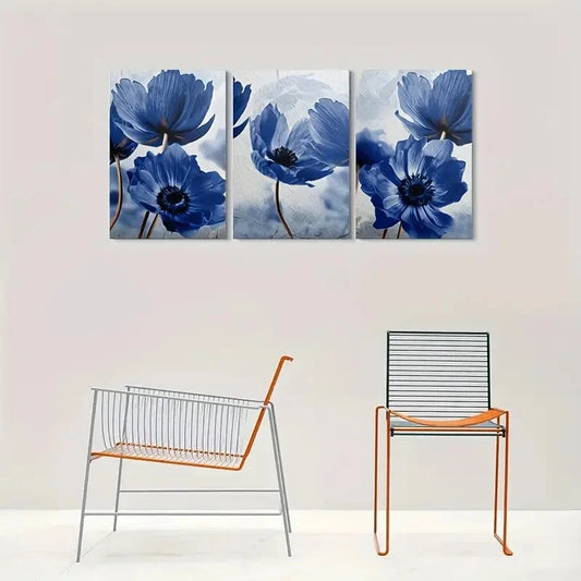 3pcs Modern Blue Anemone Flower Metal Print Ready to Hang Art